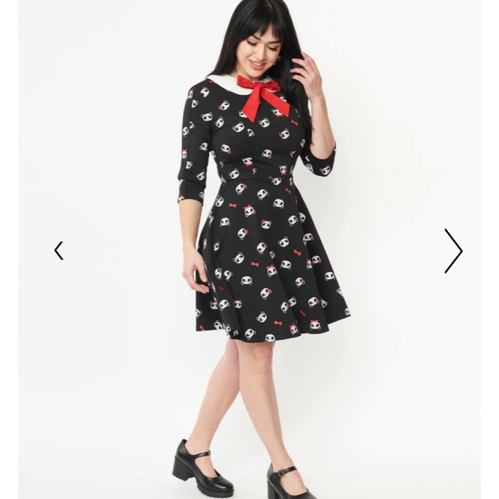 Unique Vintage NWT Black & Panda Print‎ Wednesday Flare Dress